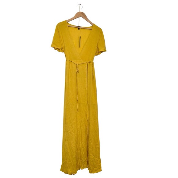 Lulus Womens Small S Mustard Wrap Flutter Sleeve Flowy Belted Maxi Dress NWT - Picture 4 of 16